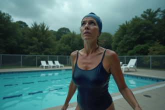 Femme inquiète sortant rapidement de la piscine sous un ciel orageux