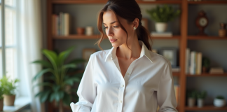 Femme élégante en bureau lumineux avec chemise blanche