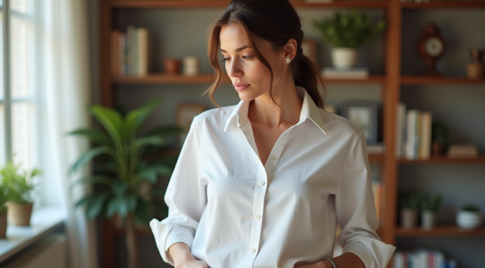 Femme élégante en bureau lumineux avec chemise blanche