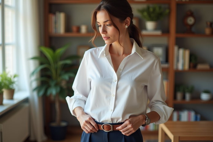 femme-office-elegante Femme élégante en bureau lumineux avec chemise blanche