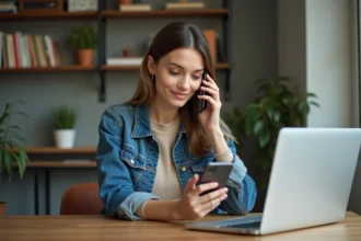 Femme en denim vérifiant son téléphone dans un bureau à domicile