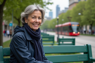 Femme en imperméable dans un parc urbain écologique