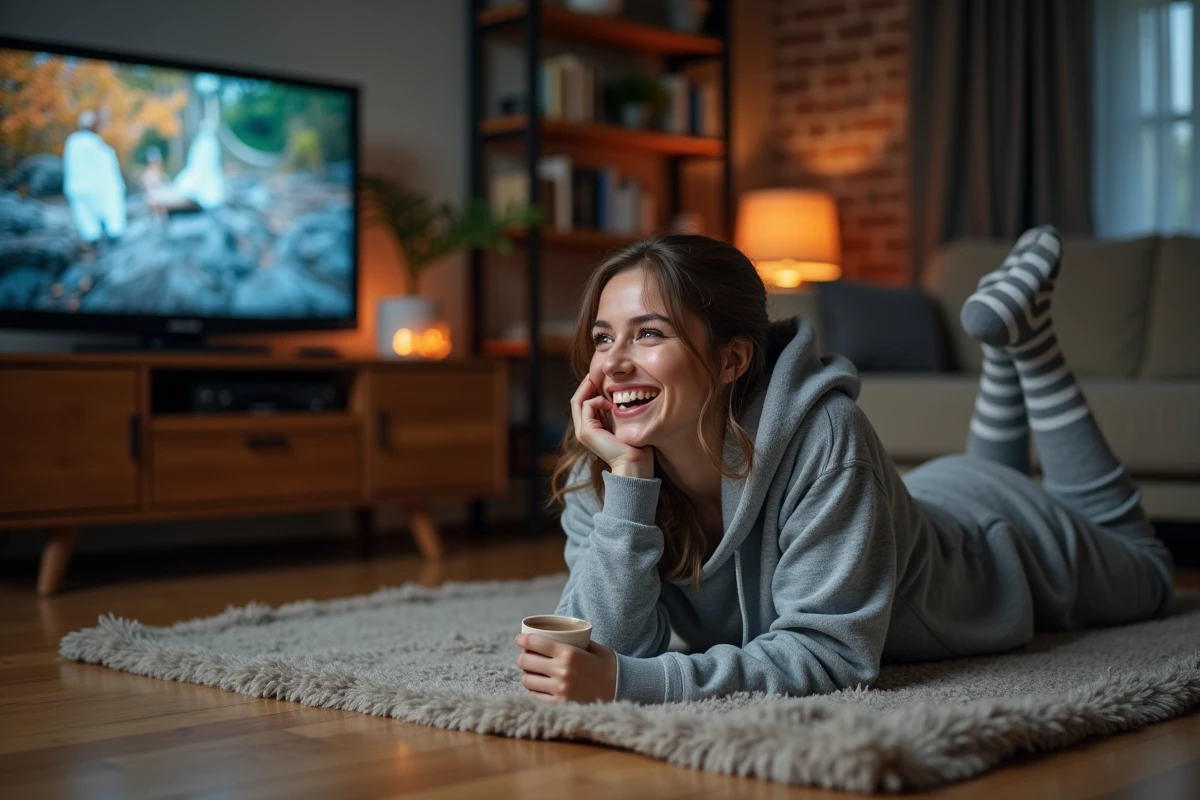 Jeune femme allongée sur un plaid regardant la télé seule chez elle un week-end