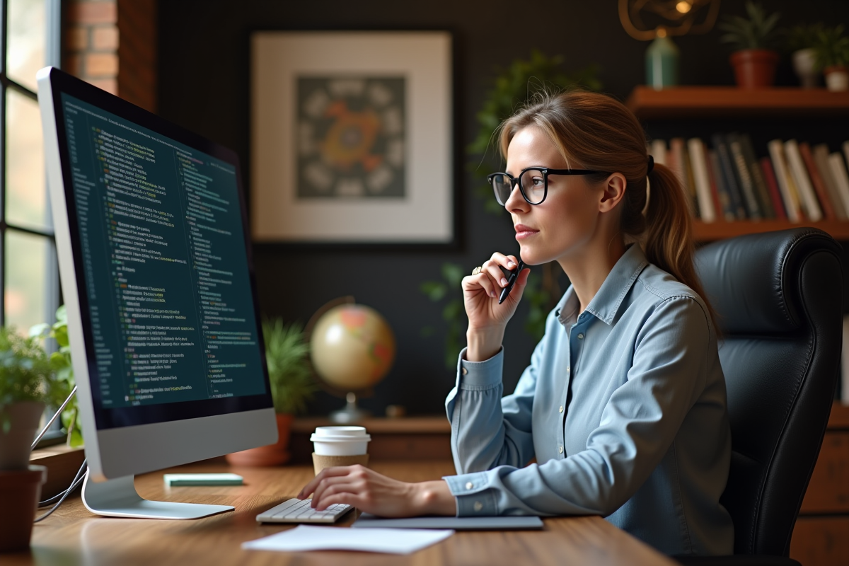 Femme programmeuse dans un bureau cosy avec code et livres