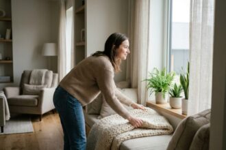 Femme ajustant un rideau sur un rebord de fenêtre moderne