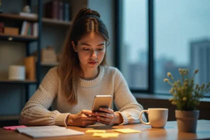Jeune femme consultant son smartphone sur les réseaux sociaux dans un bureau à domicile moderne