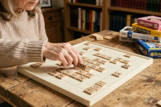 Femme posant une tuile Scrabble sur un plateau de jeu en bois lors d'une partie à domicile