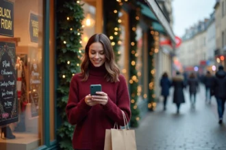 Femme consultant son smartphone devant une vitrine Black Friday décorée de guirlandes de Noël dans une rue commerçante française