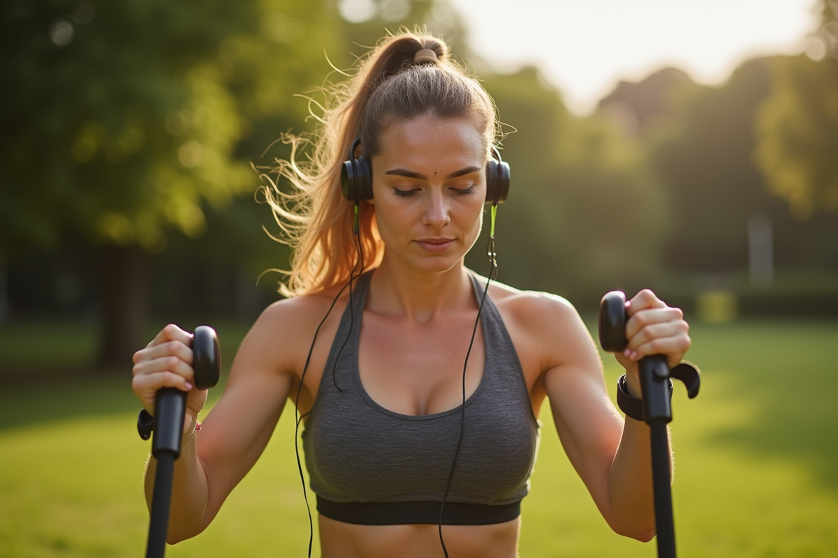 Femme faisant saut à la corde dans un parc ensoleille