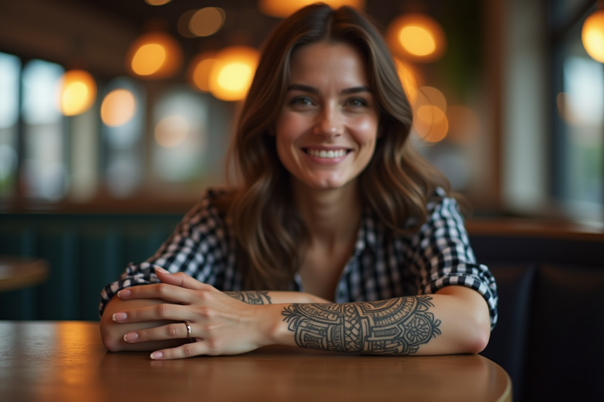 Femme assise au café avec tatouage géométrique sur le bras