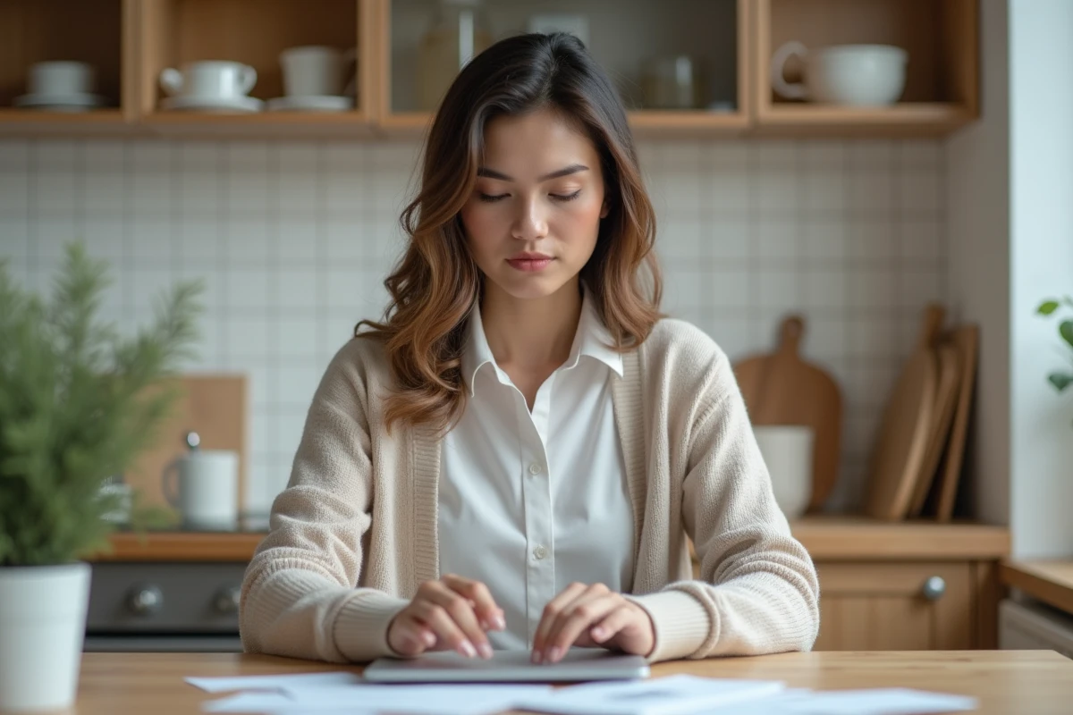 Femme travaillant sur son ordinateur dans la cuisine