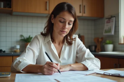 Femme d'âge moyen travaillant à la maison avec papiers