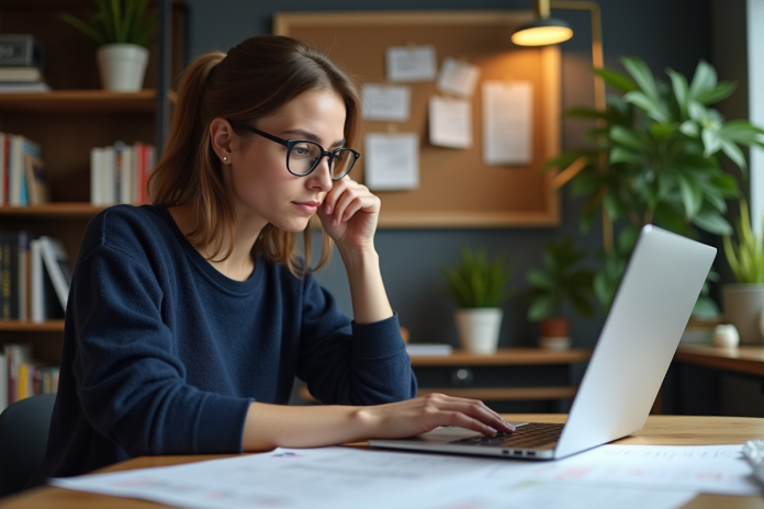 femme-travail-ordinateur-bureau Jeune femme concentrée travaillant sur son ordinateur dans un bureau moderne