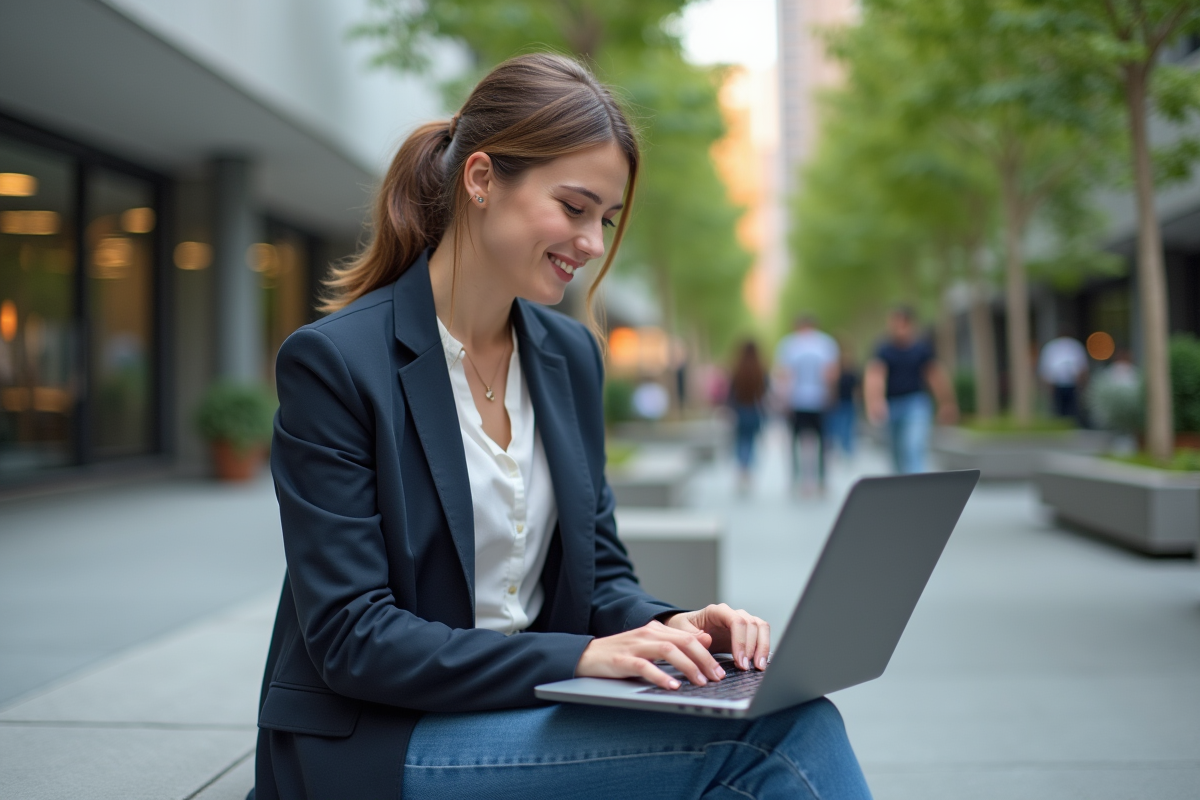 Femme Millennials travaillant dehors sur un ordinateur portable