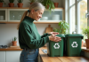 Femme triant des recyclables dans une cuisine lumineuse