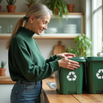Femme triant des recyclables dans une cuisine lumineuse