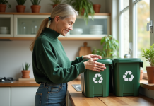 Femme triant des recyclables dans une cuisine lumineuse