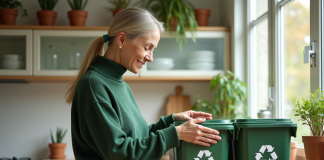 Femme triant des recyclables dans une cuisine lumineuse