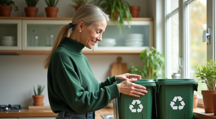 Femme triant des recyclables dans une cuisine lumineuse