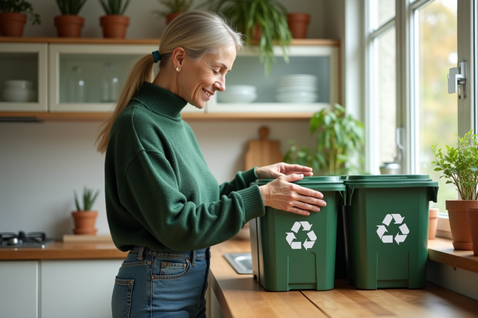 Femme triant des recyclables dans une cuisine lumineuse