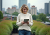 Avantages toit végétalisé : économie, isolation, environnement Femme souriante sur un toit végétal en ville examine une tablette