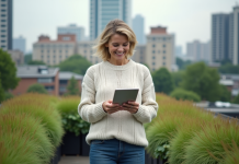 Avantages toit végétalisé : économie, isolation, environnement Femme souriante sur un toit végétal en ville examine une tablette