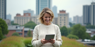 Avantages toit végétalisé : économie, isolation, environnement Femme souriante sur un toit végétal en ville examine une tablette