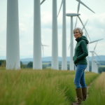 Femme en jeans et sweater vert inspectant des éoliennes dans un paysage rural