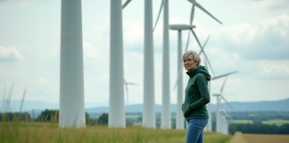 Alternatives écologiques aux panneaux solaires : quelles solutions ? Femme en jeans et sweater vert inspectant des éoliennes dans un paysage rural
