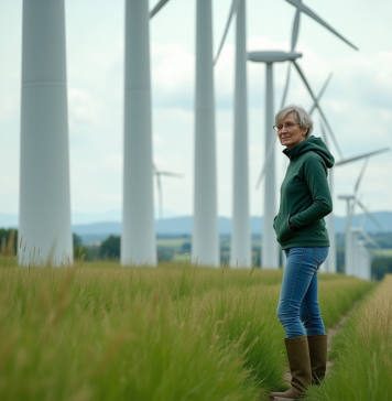 Alternatives écologiques aux panneaux solaires : quelles solutions ? Femme en jeans et sweater vert inspectant des éoliennes dans un paysage rural