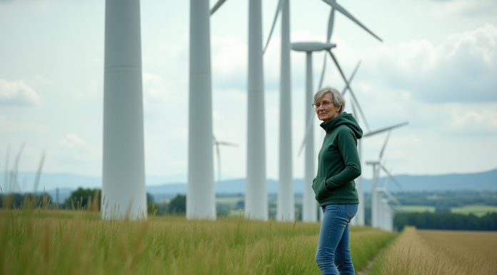 Femme en jeans et sweater vert inspectant des éoliennes dans un paysage rural
