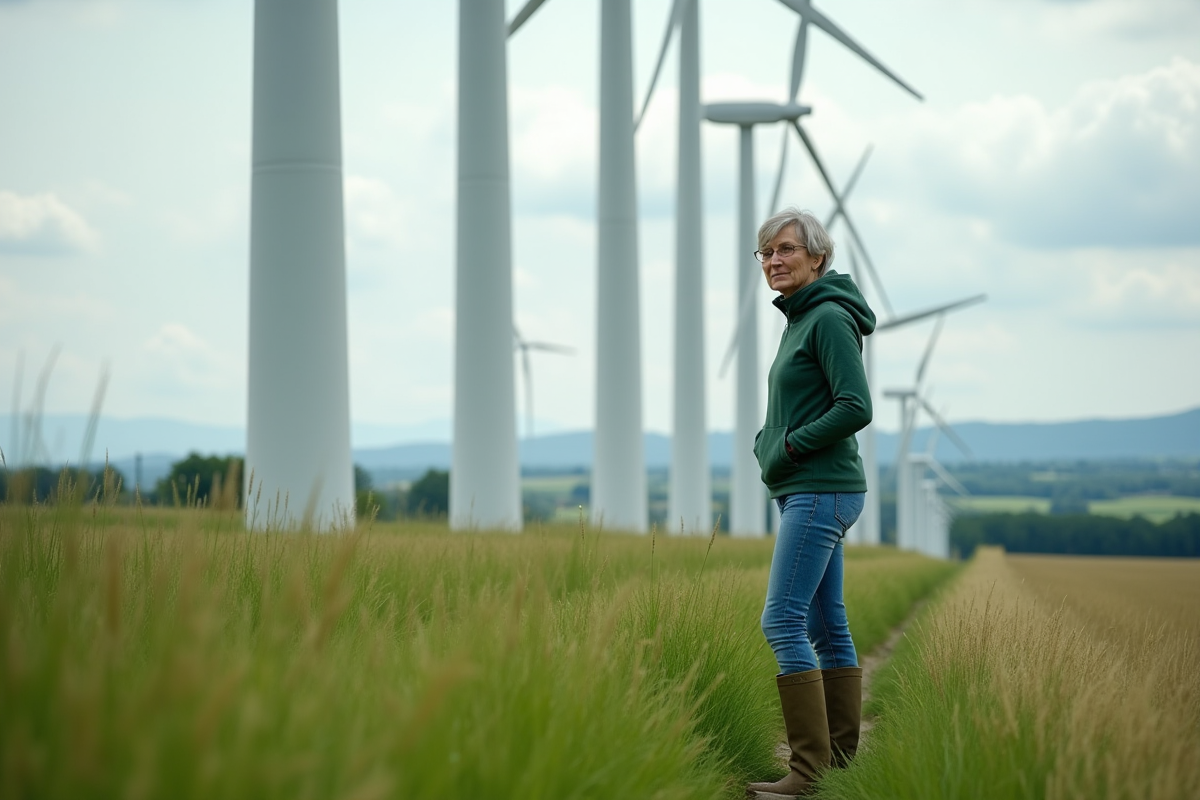 Femme en jeans et sweater vert inspectant des éoliennes dans un paysage rural