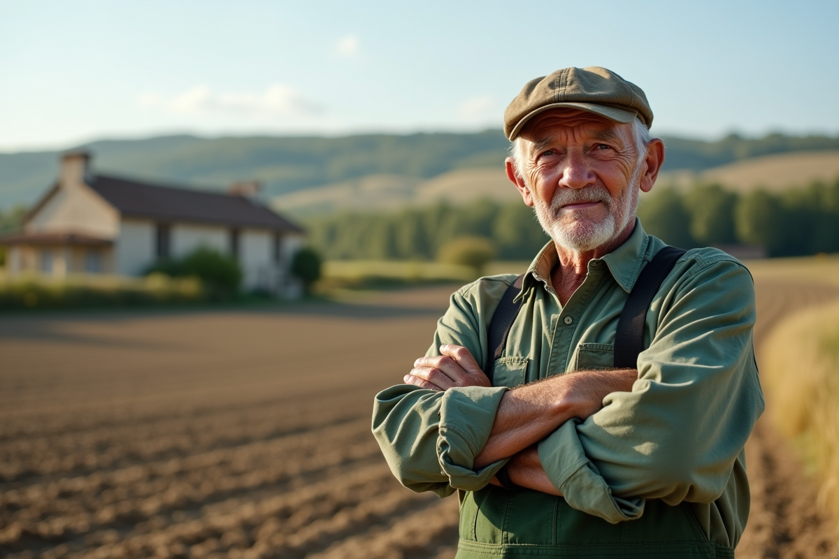 Vieux fermier français dans un champ labouré