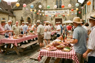 Fête de village animée en France avec des habitants attablés autour de produits du terroir sur une place pavée historique