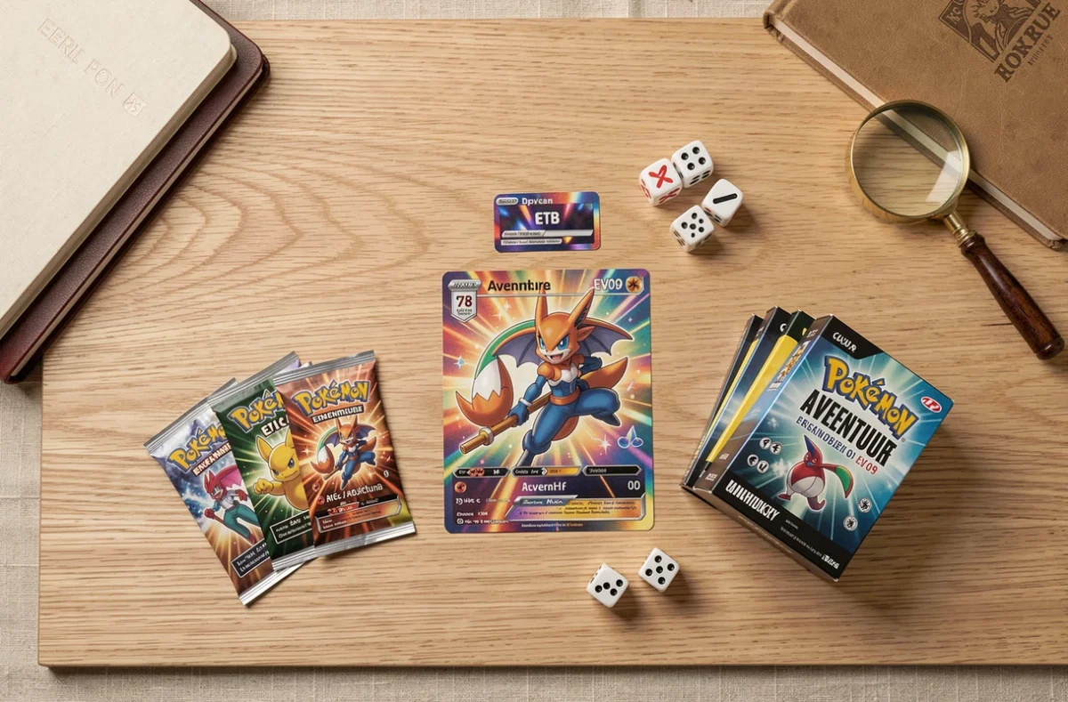 Flat lay de l'ETB Aventure Ensemble EV09 Pokémon ouvert avec boosters, carte promo et accessoires sur table en bois
