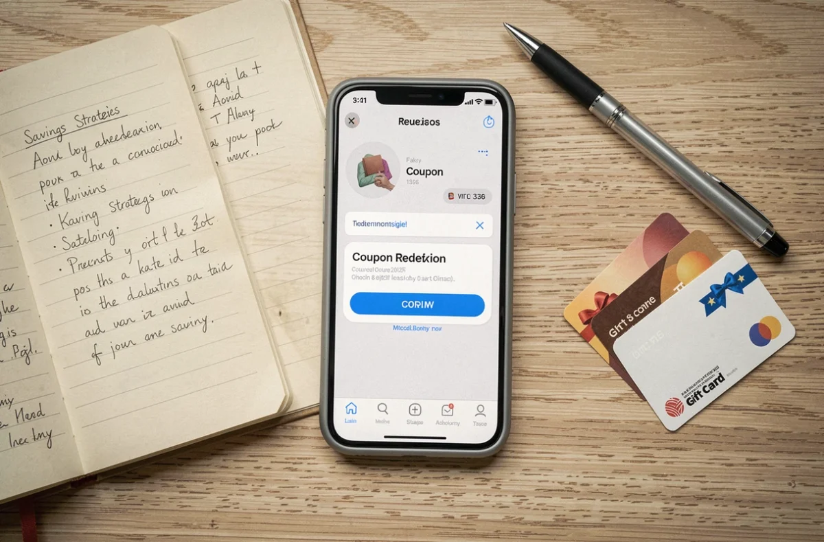 Vue de dessus d'un smartphone affichant un code de rachat Chapters entouré de notes manuscrites et cartes cadeaux sur une table en bois