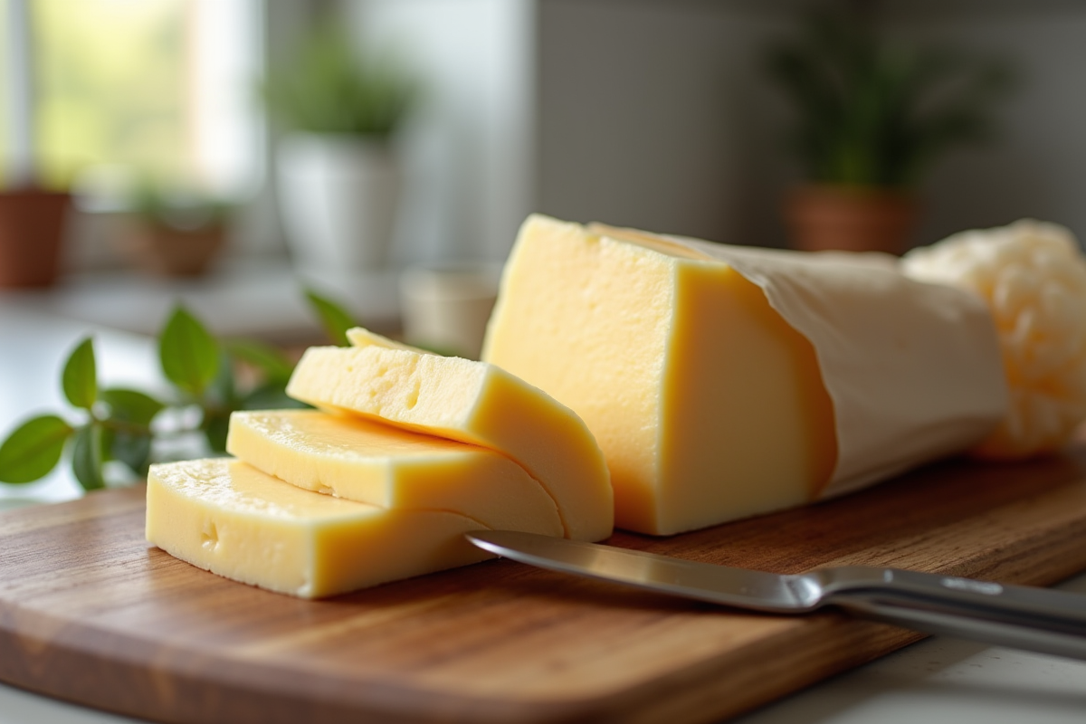Tranche de foie gras sur planche en bois avec couteau