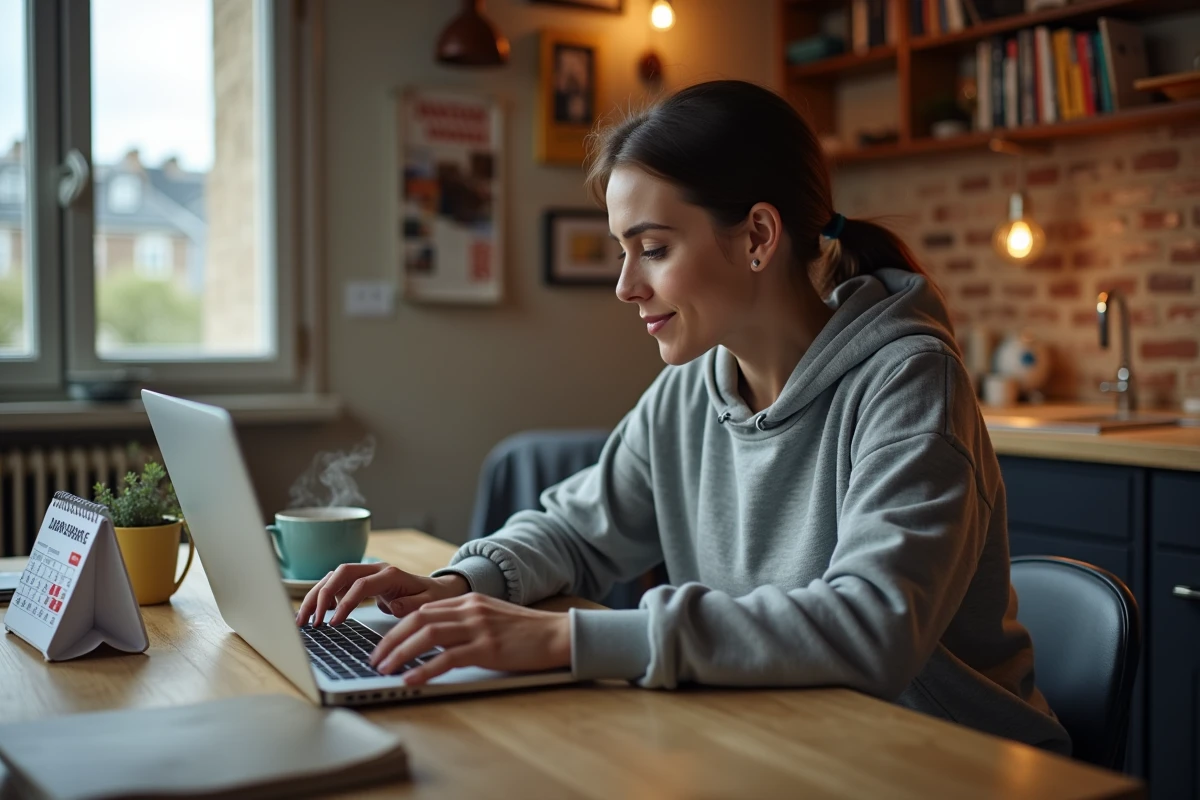 Freelance française calculant ses revenus supplémentaires pour travailler un jour férié, avec un calendrier et un ordinateur portable à la maison