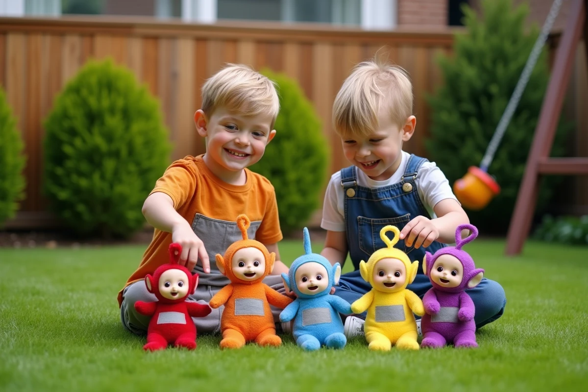Deux enfants jouant avec des peluches Teletubbies dans le jardin