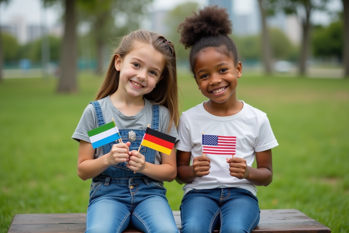 Deux jeunes frères et sœurs avec drapeaux dans un parc en plein air