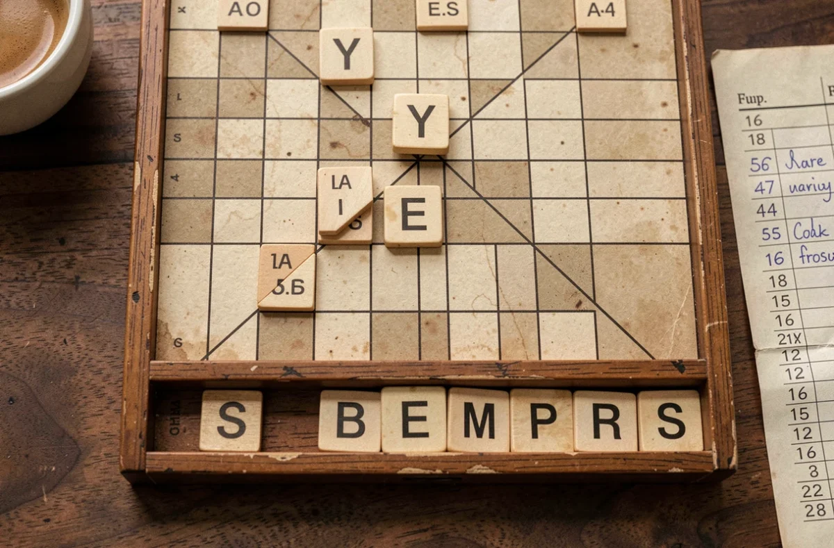 Gros plan sur un plateau de Scrabble avec les lettres Y et E placées sur des cases bonus