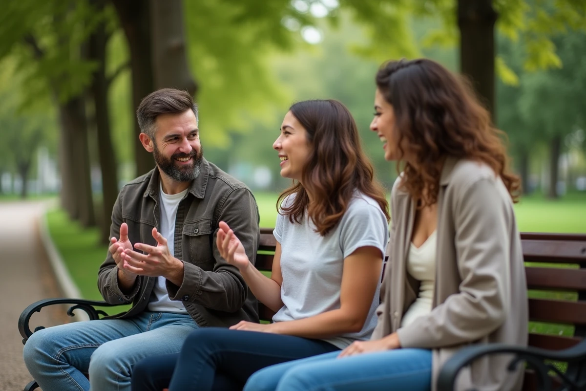 Groupe d'amis dans un parc urbain illustrant la dynamique sociale et le comportement de goujat sans excès