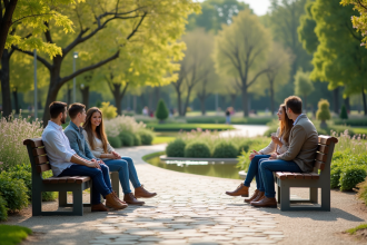Groupe diversifié dans un jardin public en pleine floraison