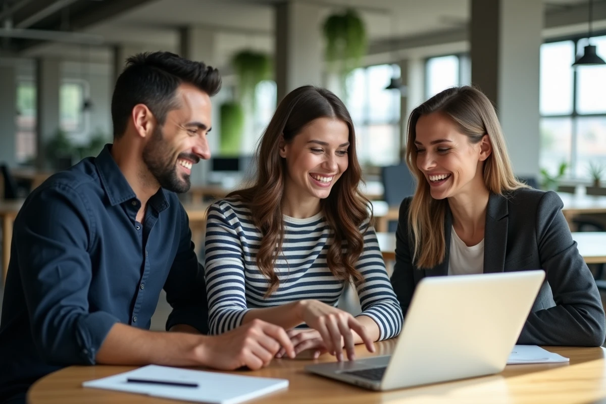 Groupe de collègues discutant d'un phénomène viral sur les réseaux sociaux dans un espace de coworking