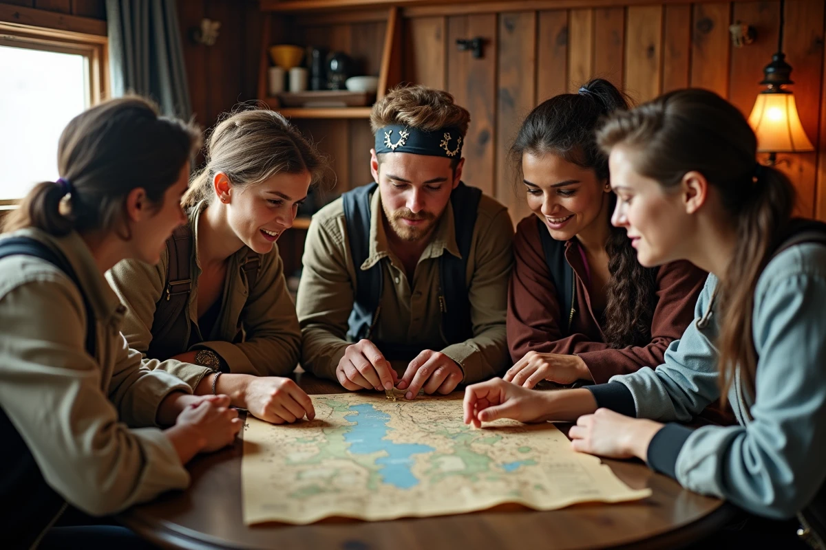 Groupe de jeunes autour d une carte dans une cabine