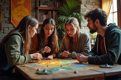 Groupe de jeunes adultes jouant à un jeu de stratégie fantasy