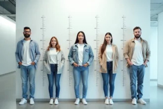 Groupe de personnes de différentes tailles debout devant un mur de mesure anthropométrique en centimètres