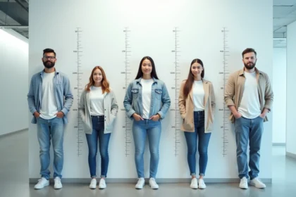 Groupe de personnes de différentes tailles debout devant un mur de mesure anthropométrique en centimètres
