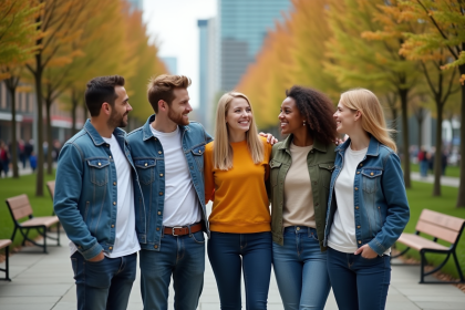 Groupe divers d'adultes dans un parc urbain en pleine discussion