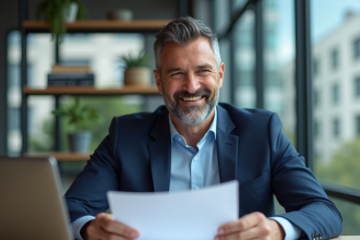 Homme d'affaires confiant en costume dans un bureau moderne